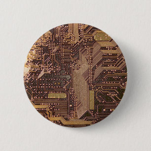 Badge Rond 5 Cm Gold Cyber Circuit Board Tech Art Electronique
