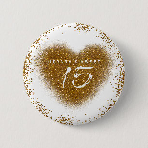 Badge Rond 5 Cm Gold Parties scintillant Coeur 15 Quinceincera Ann