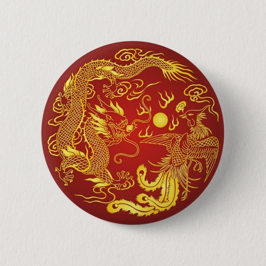 Badge Rond 5 Cm Gold Red Dragon Phoenix Chinese Wedding Favor (Devant)