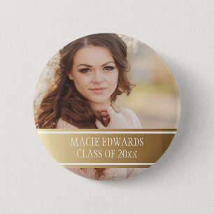 Badge Rond 5 Cm Gold White Graduation Photo Année d'études