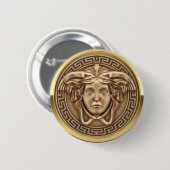 Badge Rond 5 Cm Golden Medusa Gorgon avec clé grecque (Devant & derrière)