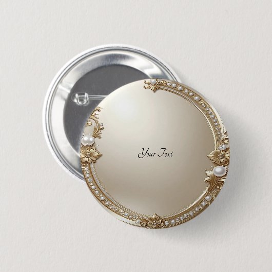 Badge Rond 5 Cm Golden Ornate Frame with Pearls Button (Devant & derrière)