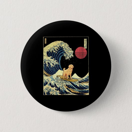 Badge Rond 5 Cm Golden Retriever Japanese Kanagawa Wave Funny Surf (Devant)
