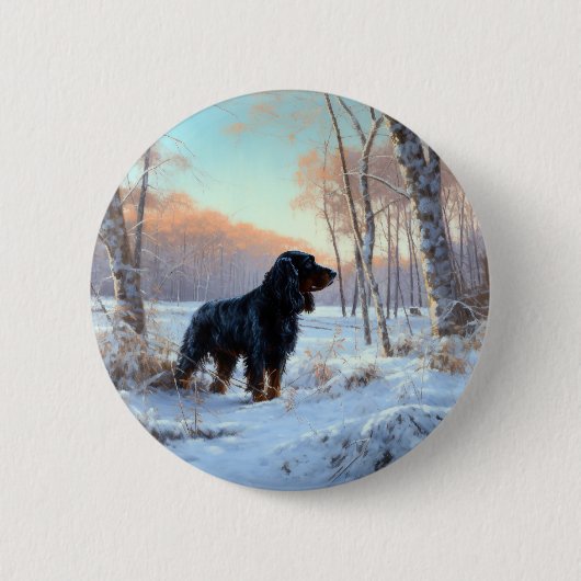 Badge Rond 5 Cm Gordon Setter Laisse Il Neige Noël (Devant)