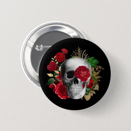 Badge Rond 5 Cm Goth Crâne avec Fleurs rouges et Feuilles d'or (Devant & derrière)
