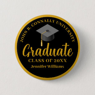 Badge Rond 5 Cm Graduation Gold Black Personnalisée 2025 Graduate