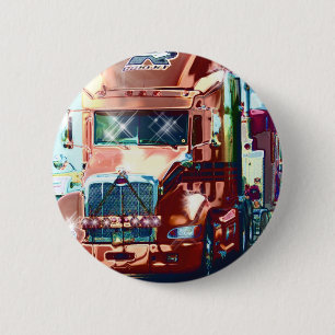 Badge Rond 5 Cm Grand Camion rouge lourd pour camionneurs et amate