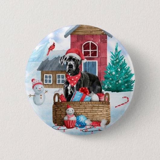 Badge Rond 5 Cm Grand chien Danois dans la neige Maison de chien d (Devant)