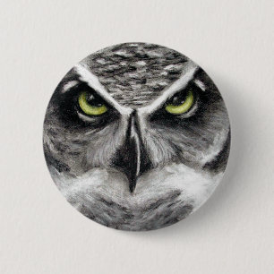 Badge Rond 5 Cm Grand dessin de fusain de hiboux de tigre de hibou