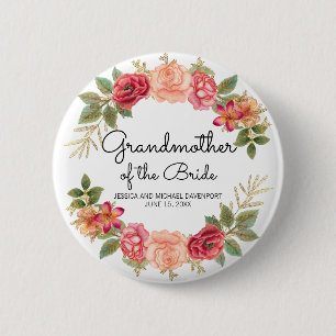 Badge Rond 5 Cm Grand-mère de la mariée personnalisée Fleurs roses
