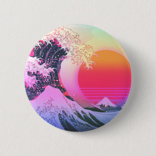 Badge Rond 5 Cm Grande vague Kanagawa Vaporwave Vintage esthétique