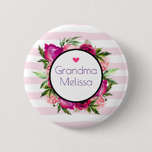 Badge Rond 5 Cm Grandma Rose rose et Bouquet floral de crapaud