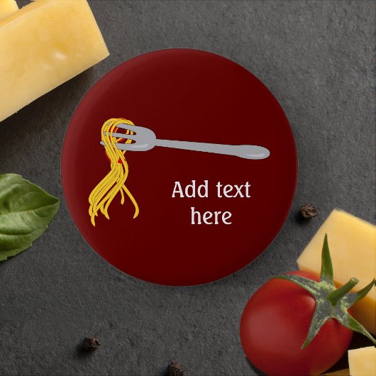 Badge Rond 5 Cm Graphique en pâtes spaghetti sur fourche - texte p