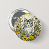 Badge Rond 5 Cm Gray Kitty Chat assis en Fleurs (Devant & derrière)