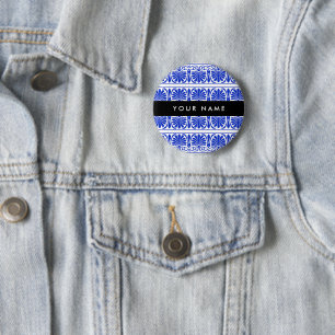 Badge Rond 5 Cm Grec Fret Arabesque Bleu, Votre Nom, Personnaliser