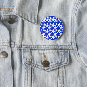 Badge Rond 5 Cm Grec Meander Key Waves Motif Bleu