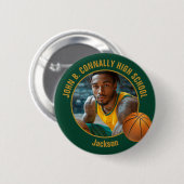 Badge Rond 5 Cm Green Gold Basketball Player Photo High School (Devant & derrière)