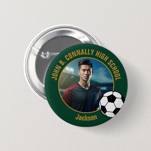 Badge Rond 5 Cm Green Gold Soccer Player Photo High School (Devant & derrière)