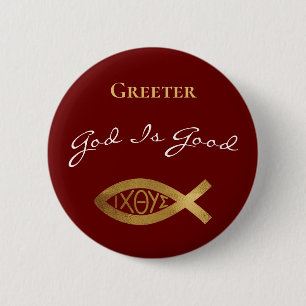 Badge Rond 5 Cm Greeter Christian Church Dieu est bon moderne roug