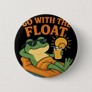 Badge Rond 5 Cm  Grenouille Cool Relaxant sur un Radeau avec Boiss