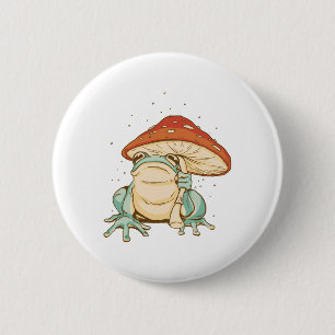 Badge Rond 5 Cm Grenouille de Cottagecore au champignon