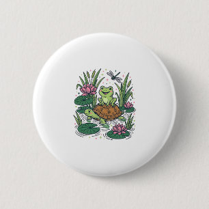Badge Rond 5 Cm Grenouille mignonne à cheval sur un étang de tortu