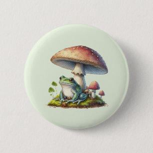 Badge Rond 5 Cm Grenouille sous un champignon Mignon Nature
