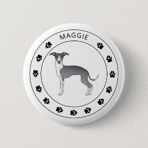 Badge Rond 5 Cm Greyhound Italien Bleu Et Blanc Avec Nom Et Paws