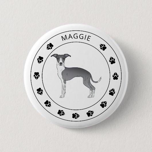 Badge Rond 5 Cm Greyhound Italien Bleu Et Blanc Avec Nom Et Paws (Devant)