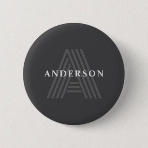 Badge Rond 5 Cm Gris foncé Rétro Moderne Monogramme Nom