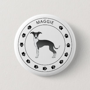 Badge Rond 5 Cm Gris Italien Noir Et Blanc Avec Nom Et Paws