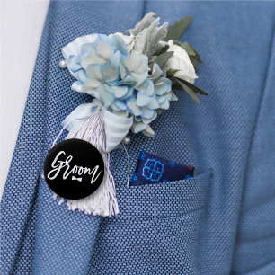 Badge Rond 5 Cm Groom Bow Tie White Script Bridal Party Wedding