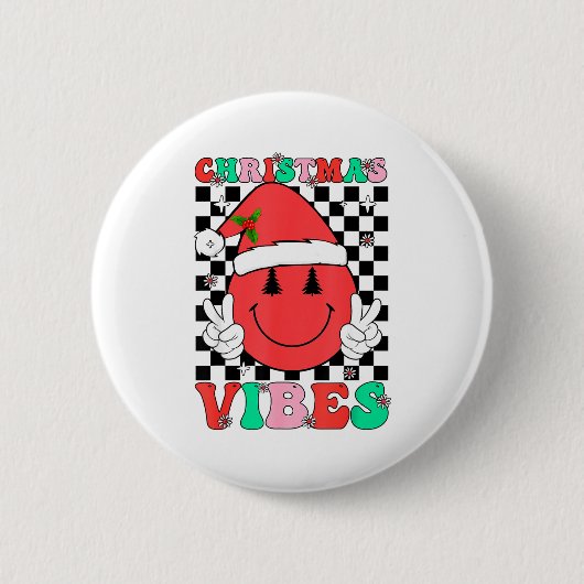 Badge Rond 5 Cm Groovy Christmas Vibes Smile Face Santa Hat Xmas T (Devant)