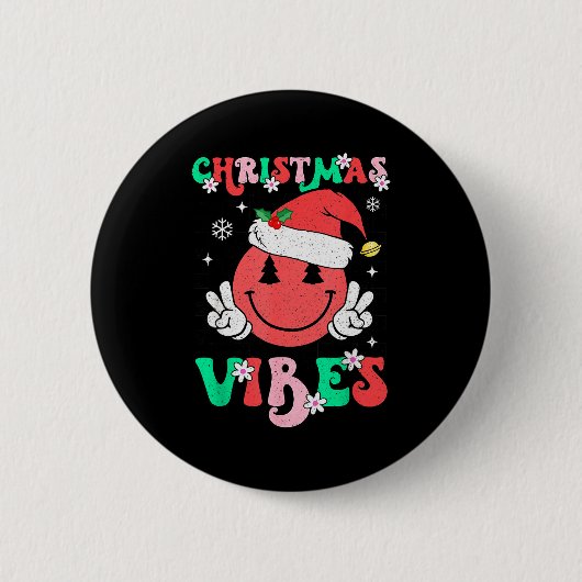 Badge Rond 5 Cm Groovy Christmas Vibes Smile Face Santa Hat Xmas T (Devant)