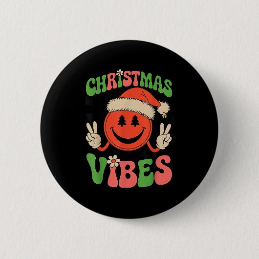 Badge Rond 5 Cm Groovy Christmas Vibes Smile Face Santa Hat Xmas T (Devant)