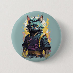 Badge Rond 5 Cm Guerrier Chat Ninja Éclaboussure de Feu Cool Gris