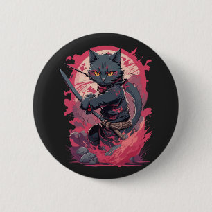 Badge Rond 5 Cm Guerrier Chat Ninja Noir Splash Feu Mignon