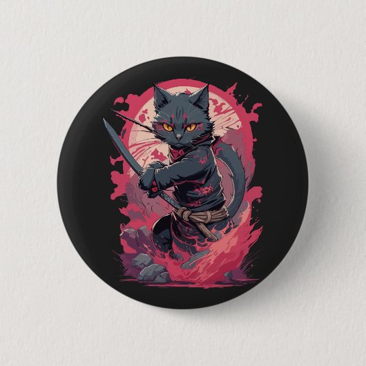 Badge Rond 5 Cm Guerrier Chat Ninja Noir Splash Feu Mignon (Devant)