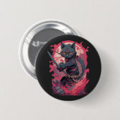 Badge Rond 5 Cm Guerrier Chat Ninja Noir Splash Feu Mignon (Devant & derrière)