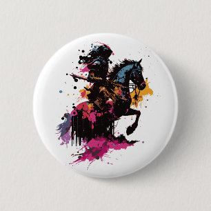 Badge Rond 5 Cm Guerrier équitation cheval en aquarelle