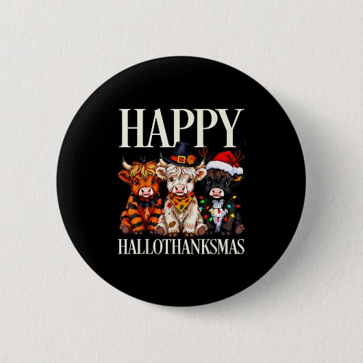 Badge Rond 5 Cm Hallothanksmas Highland Cow Halloween Thanksgiving (Devant)