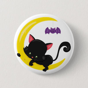 Badge Rond 5 Cm Halloween Chat noir et chauve-souris sur Crescent 