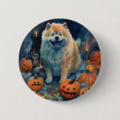 Badge Rond 5 Cm Halloween Chow Chow Avec La Peur Citrouille (Devant)