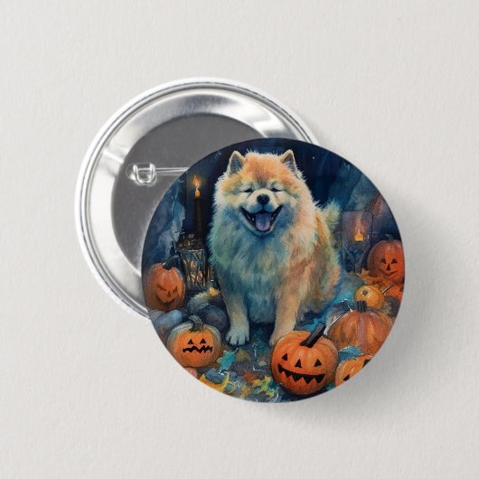 Badge Rond 5 Cm Halloween Chow Chow Avec La Peur Citrouille (Devant & derrière)
