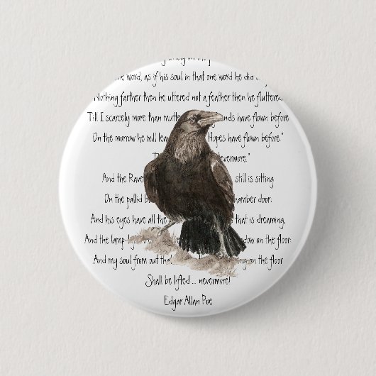 Badge Rond 5 Cm Halloween, Edgar Allen Poe, Raven, Nevermore (Devant)