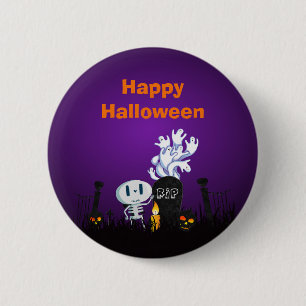 Badge Rond 5 Cm Halloween Graveyard Éffrayant Cute Skeleton & Ghos