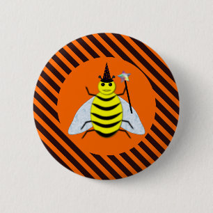 Badge Rond 5 Cm Halloween Magic Bee Witch Orange et Black Stripes