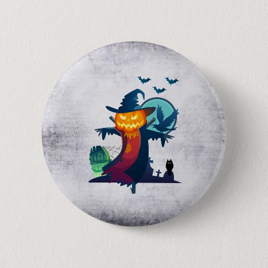 Badge Rond 5 Cm Halloween Scarecrow With Bats Crow and Owl (Devant)