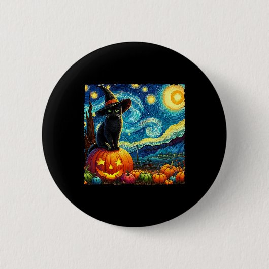 Badge Rond 5 Cm Halloween Van Gogh Starry Nuit Noir Chat Sorcière  (Devant)