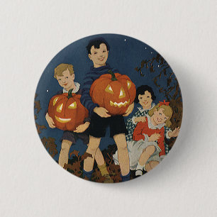 Badge Rond 5 Cm Halloween vintage, Enfants tenant des citrouilles